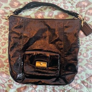Coach Glossy Black Leather Shoulder Bag with Gold Accents